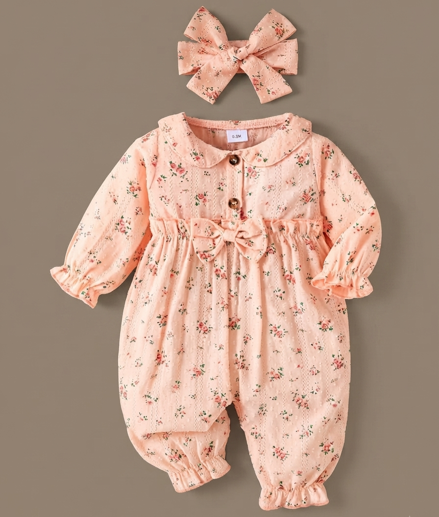Floral Bow Long-Sleeve Romper and Headband Set