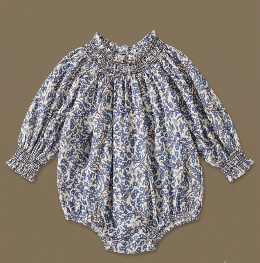 Smocked Long-Sleeve Floral Romper in Blue
