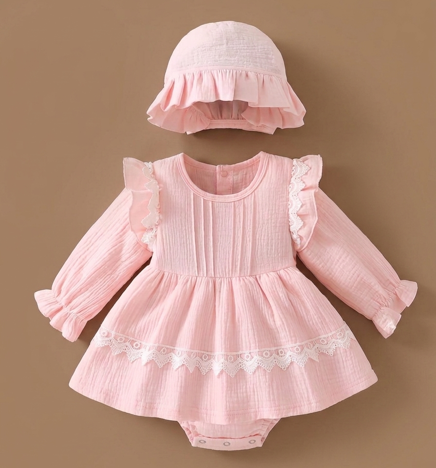 Organic muslin cotton lace detailed bodysuit frock with cap