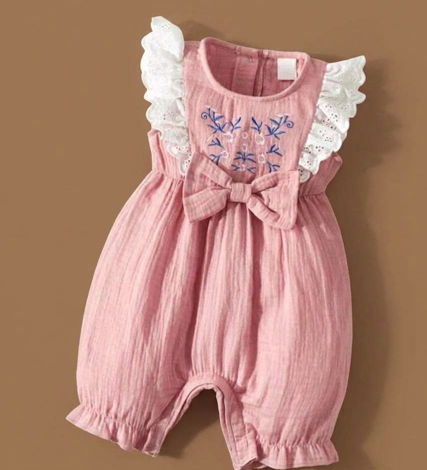 Ruffle Lace Trim Muslin Romper