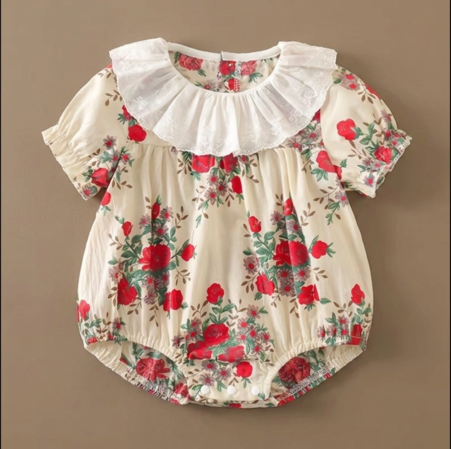 Cotton floral bodysuit with lace collar
