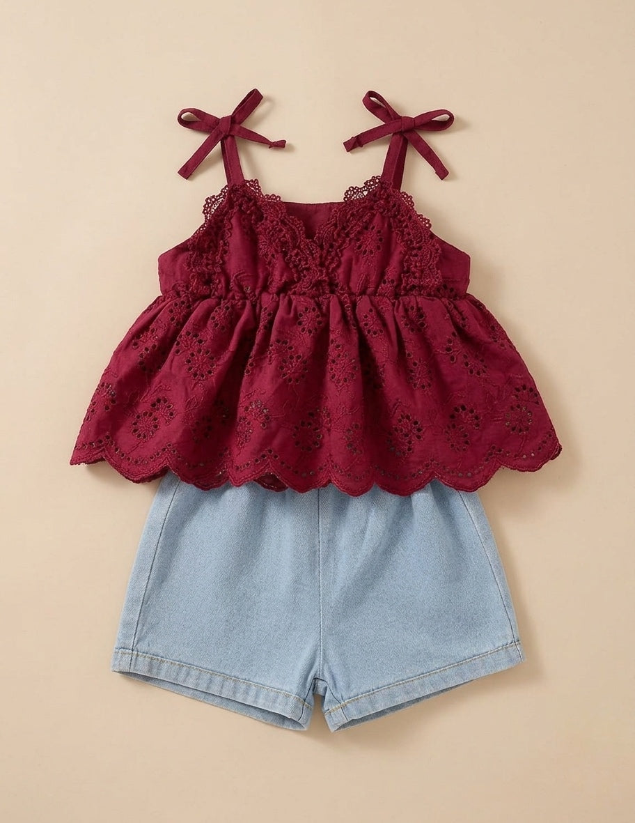 Eyelet Lace Tie-strap Cami & Denim Shorts Set