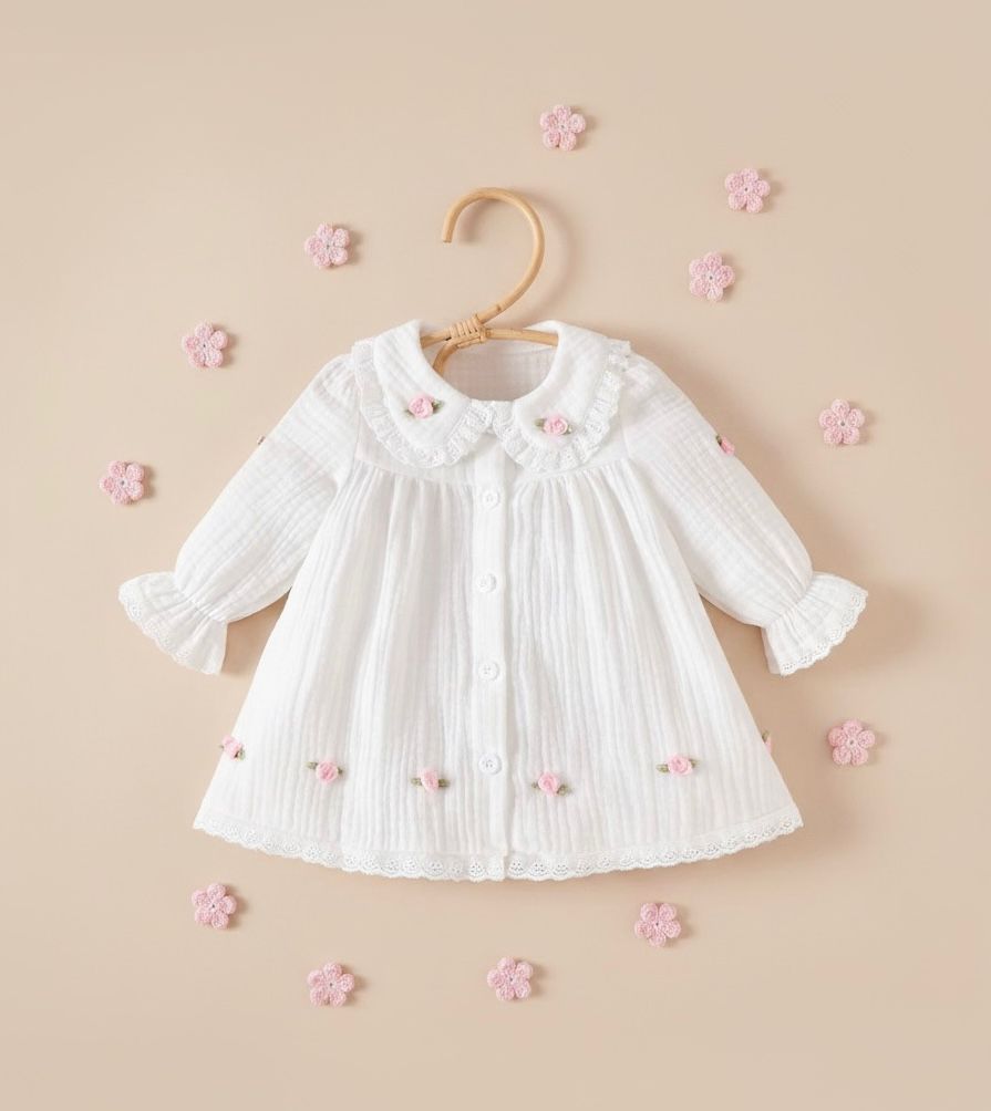 Organic muslin cotton with handmade flower detailing