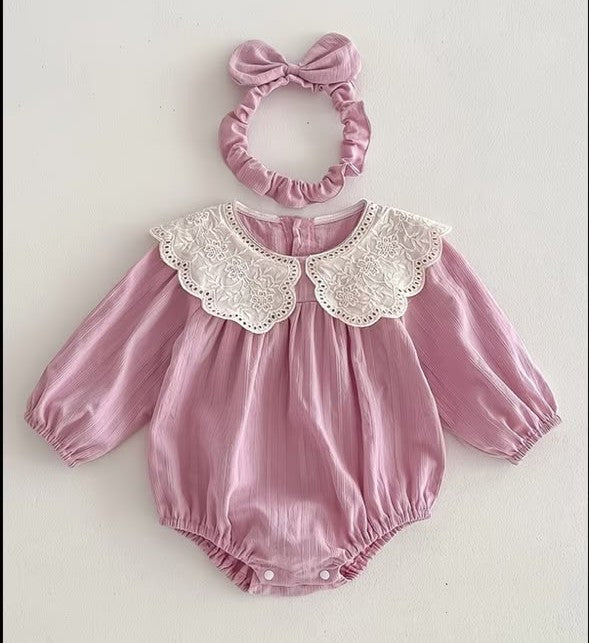 Lavender Embroidered Collar Romper Set