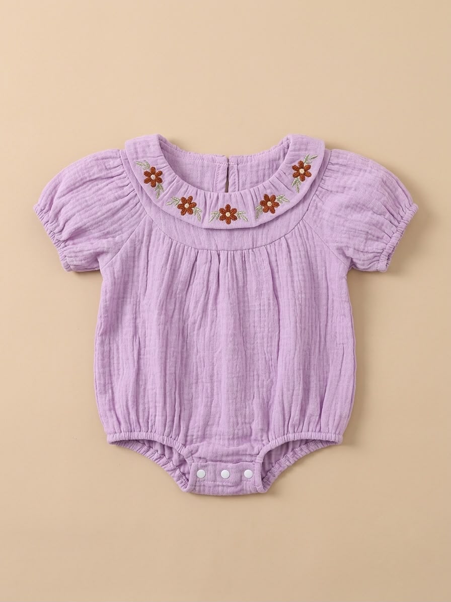 Lilac Muslin Floral-Embroidered Bubble Romper