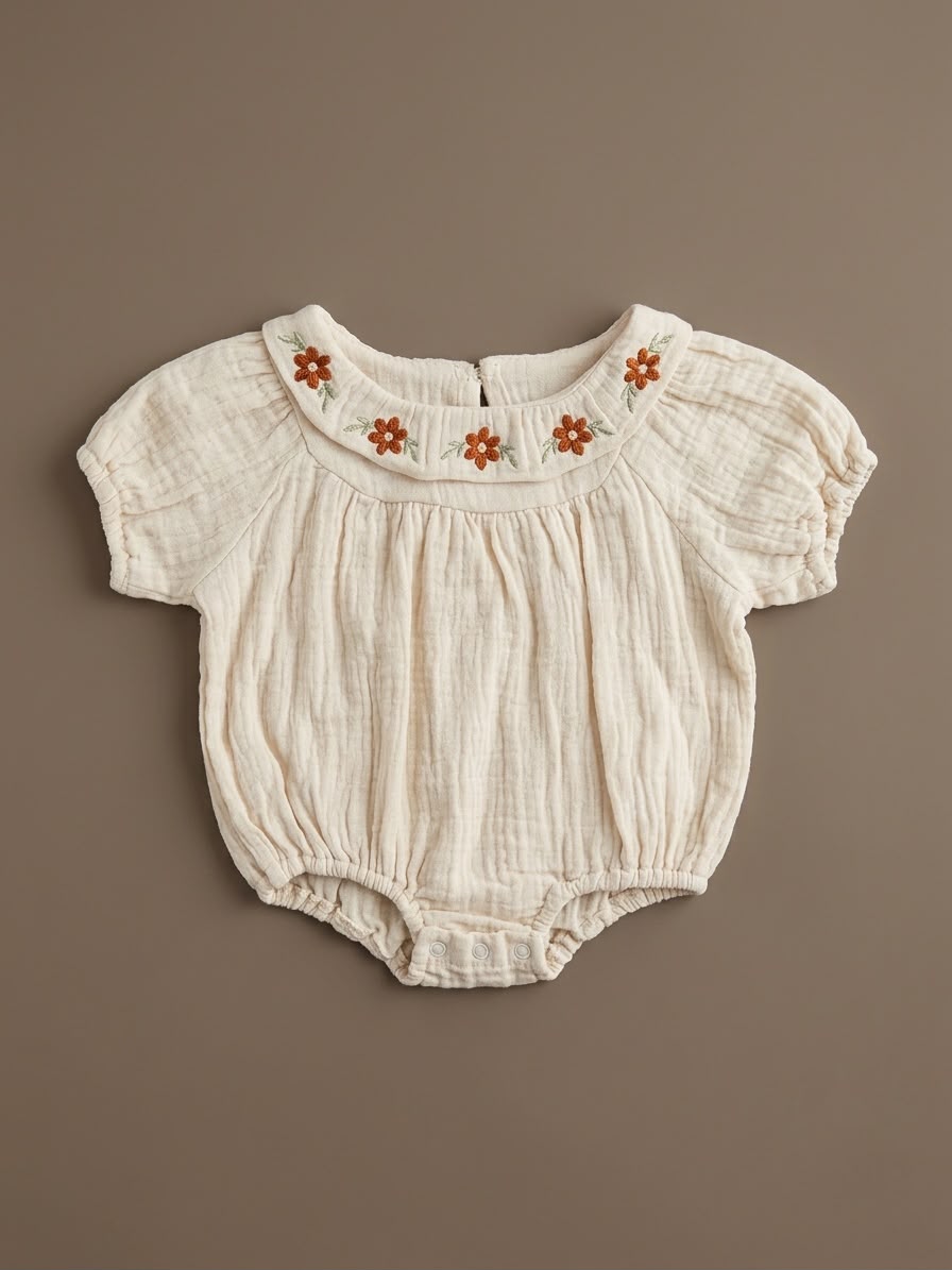 Beige Muslin Floral-Embroidered Bubble Romper