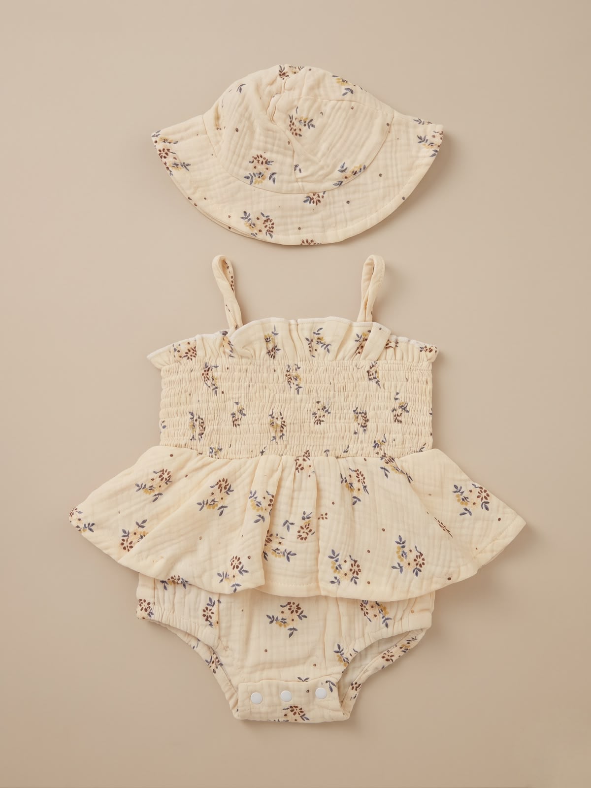 Vintage Floral Muslin Skirted Romper & Hat Set