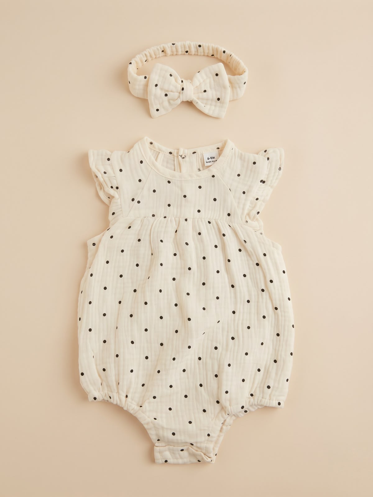 Polka Dot Flutter-Sleeve Muslin Romper & Headband Set