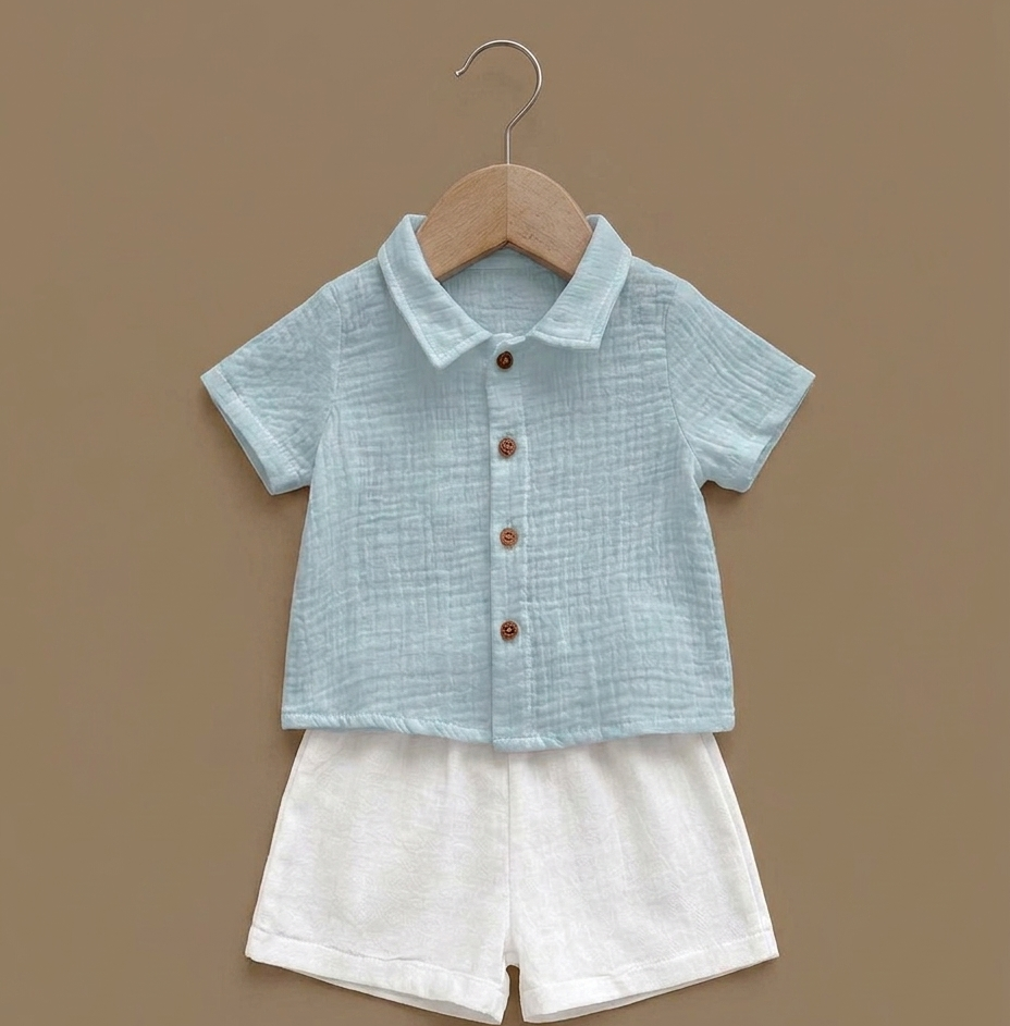 muslin short-sleeve shirt and white shorts set