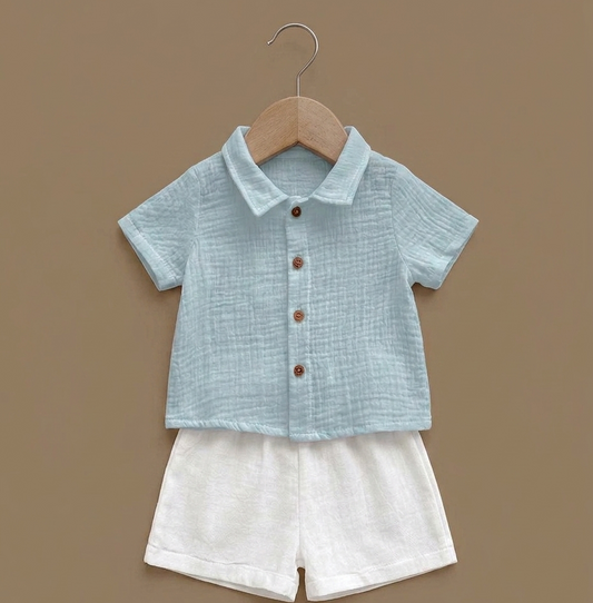 muslin short-sleeve shirt and white shorts set