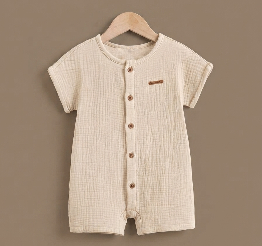 Beige Muslin Button - Front Romper