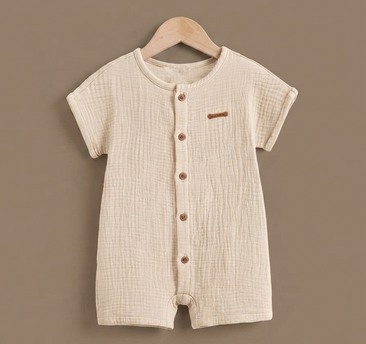 Beige Muslin Button - Front Romper