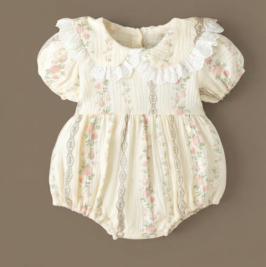 Floral and Lace Puff-Sleeve Bubble Romper