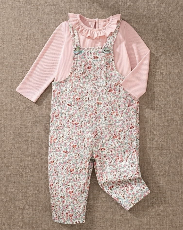 Floral Corduroy Overall & Ruffle Top Set