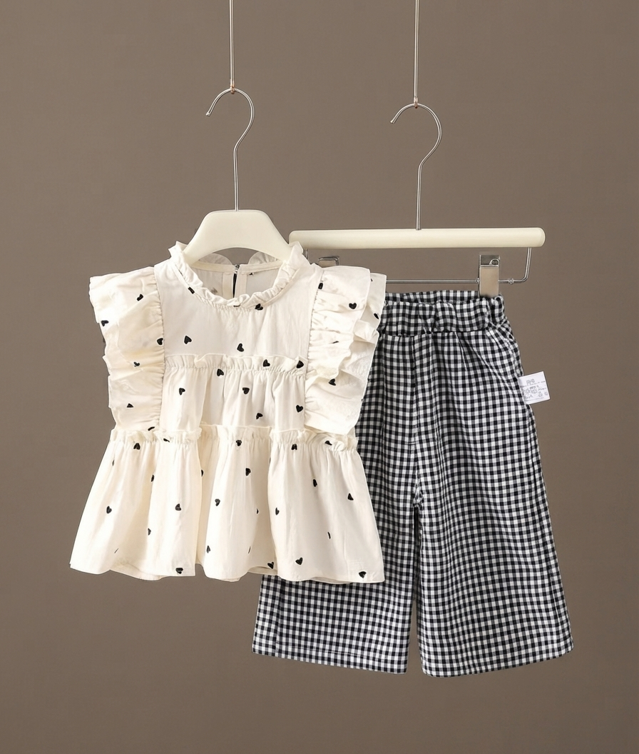 Heart-Print Ruffle Top and Gingham Pants Set