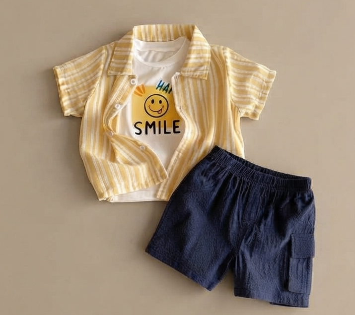 Yellow 3 Piece Striped Shirt and Shorts Set