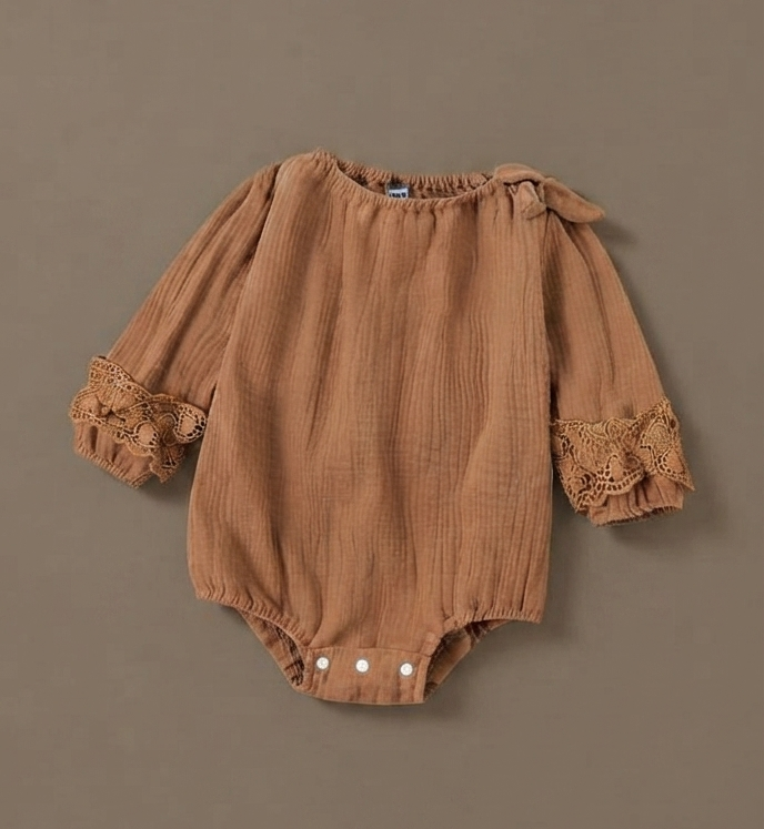 Earthy Brown Crochet-Trim Romper