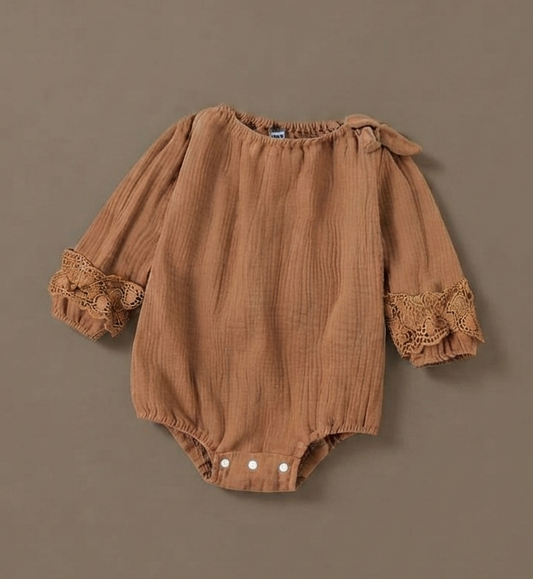 Earthy Brown Crochet-Trim Romper