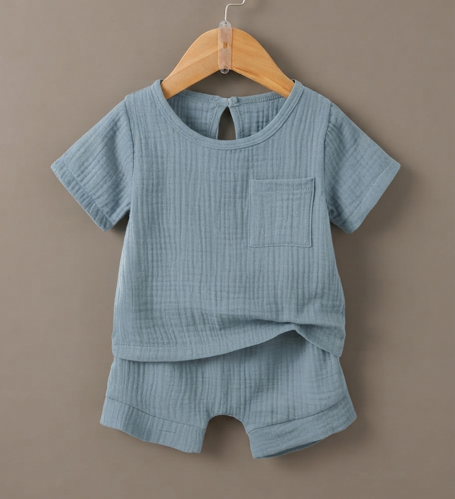Dusty Blue Muslin Pocket Tee and Bloomer Set