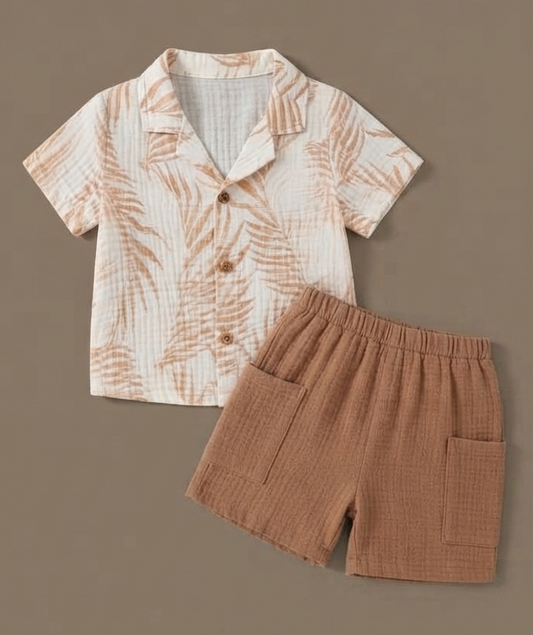 Tropical Leaf Print Shirt and Shorts Set