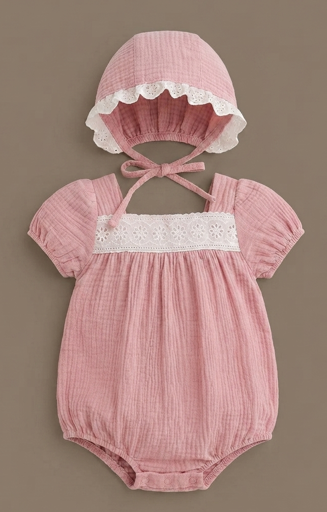 Dusty Rose Muslin Romper and Bonnet Set
