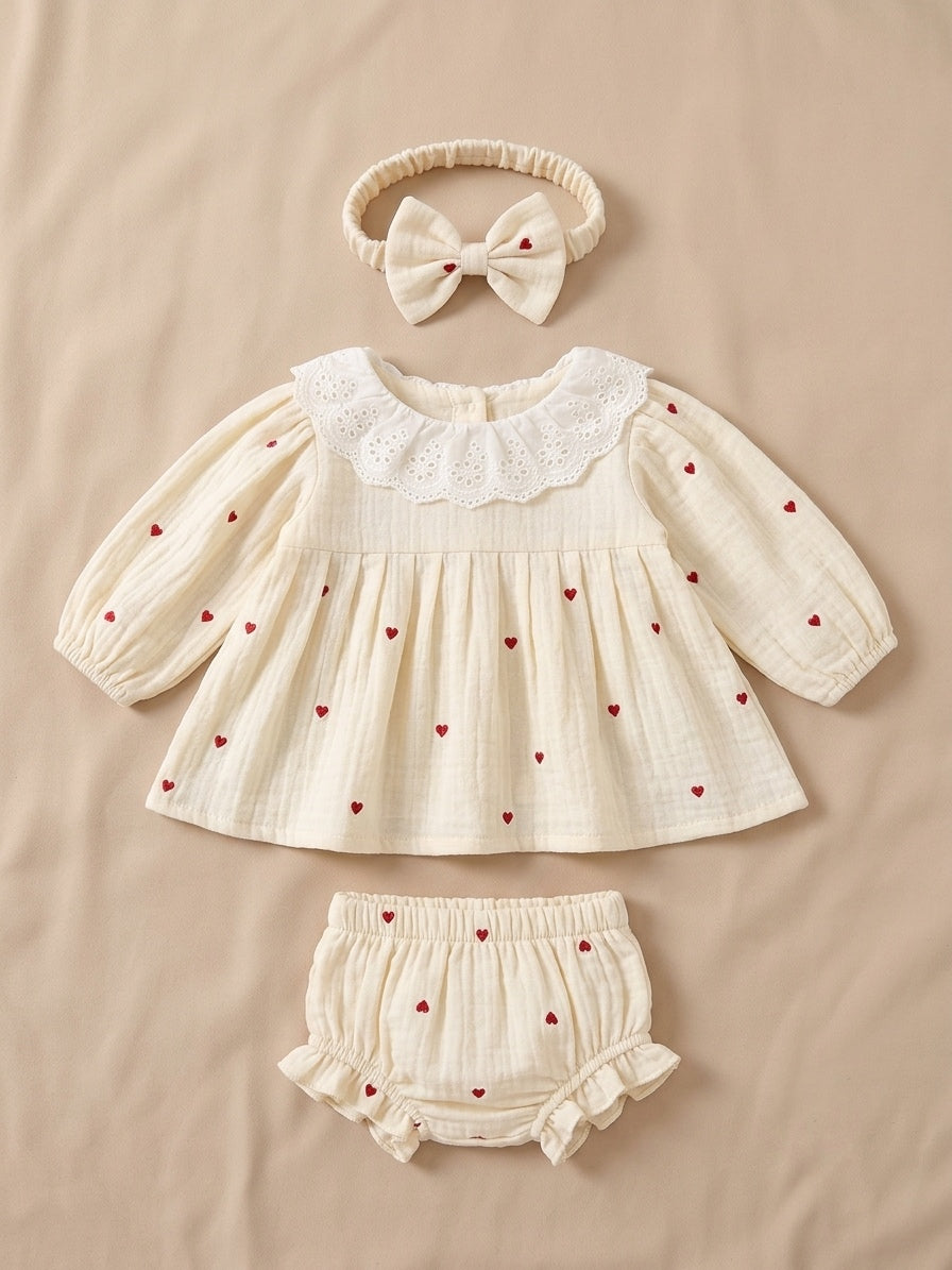 Heart Organic Muslin Ruffle Top ,Bloomer & Headband set