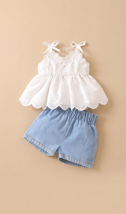 Eyelet Lace Tie-strap Cami & Denim Shorts Set