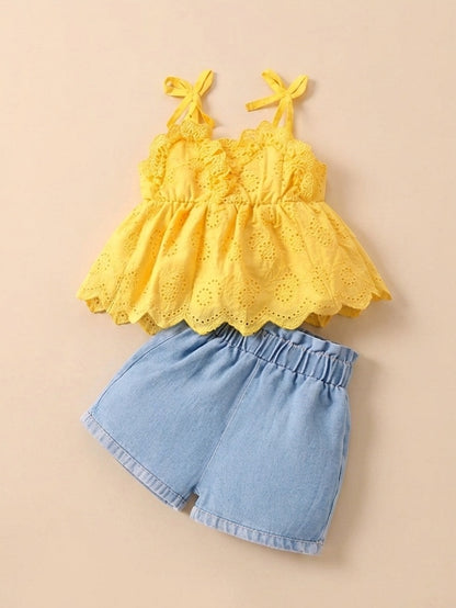 Eyelet Lace Tie-strap Cami & Denim Shorts Set