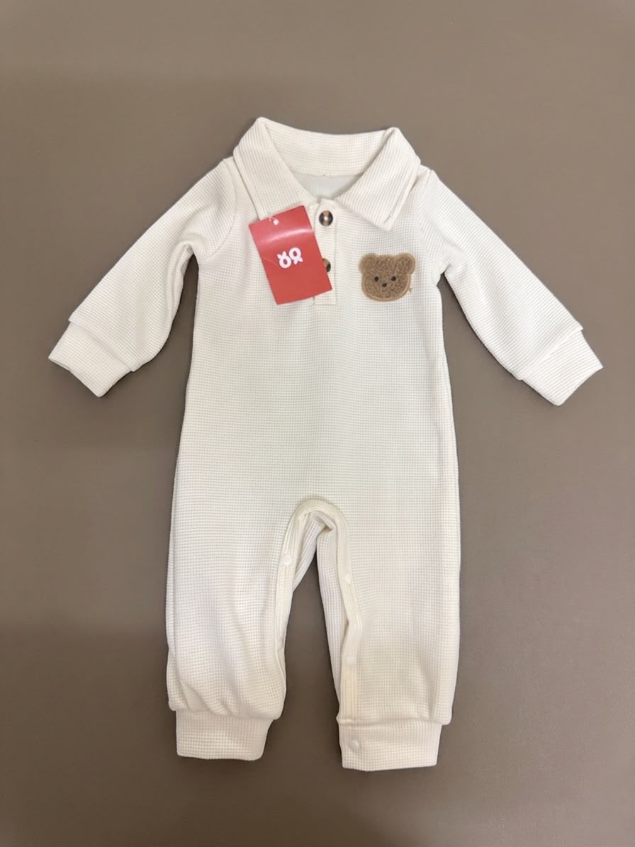 Bear-patch Waffle Knit Romper