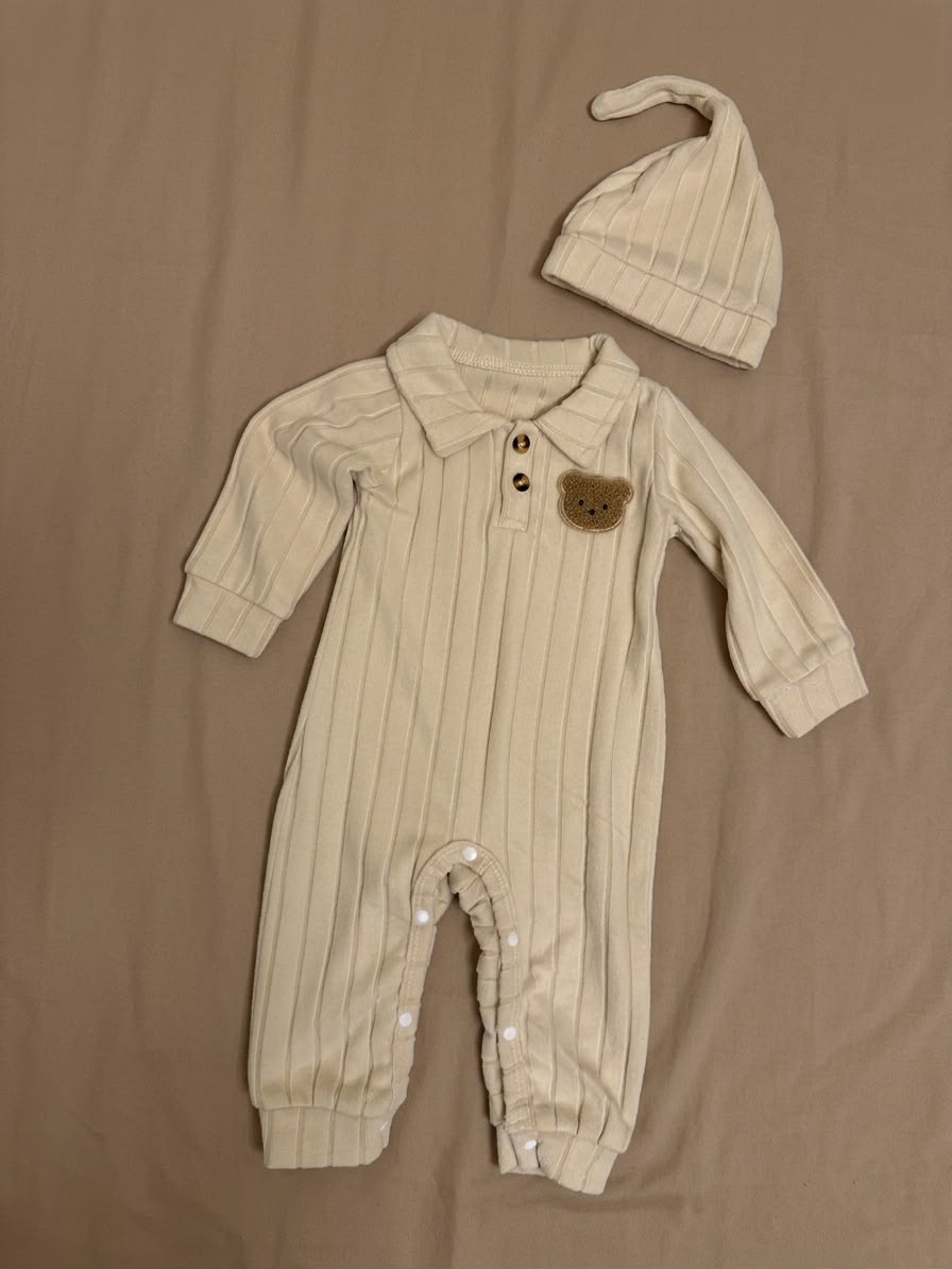 Beige Bear Ribbed Romper and Hat Set