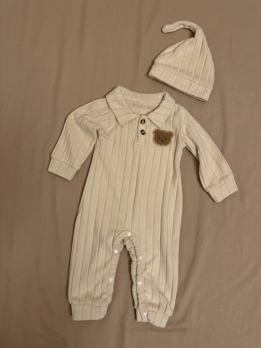 Beige Bear Ribbed Romper and Hat Set
