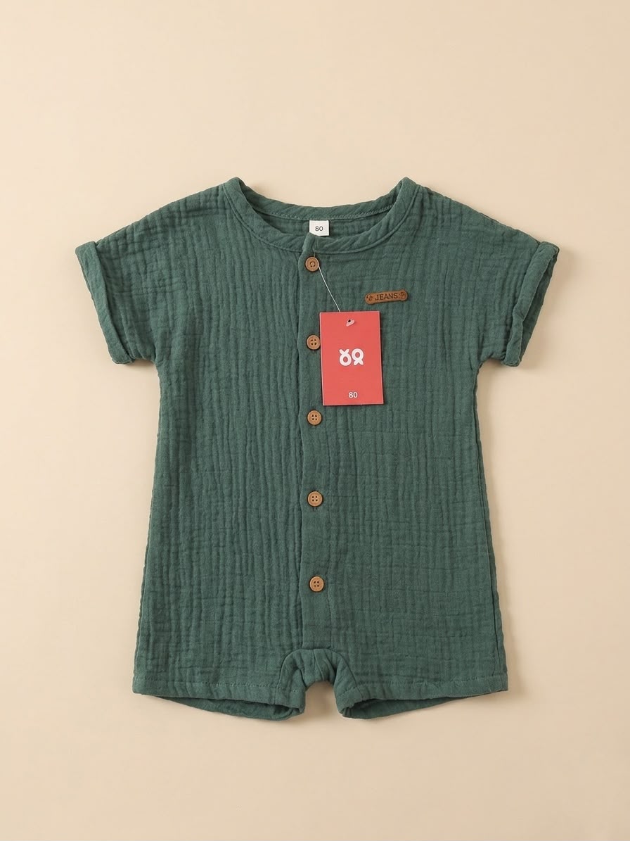 Dark Green Muslin Button-Front Romper