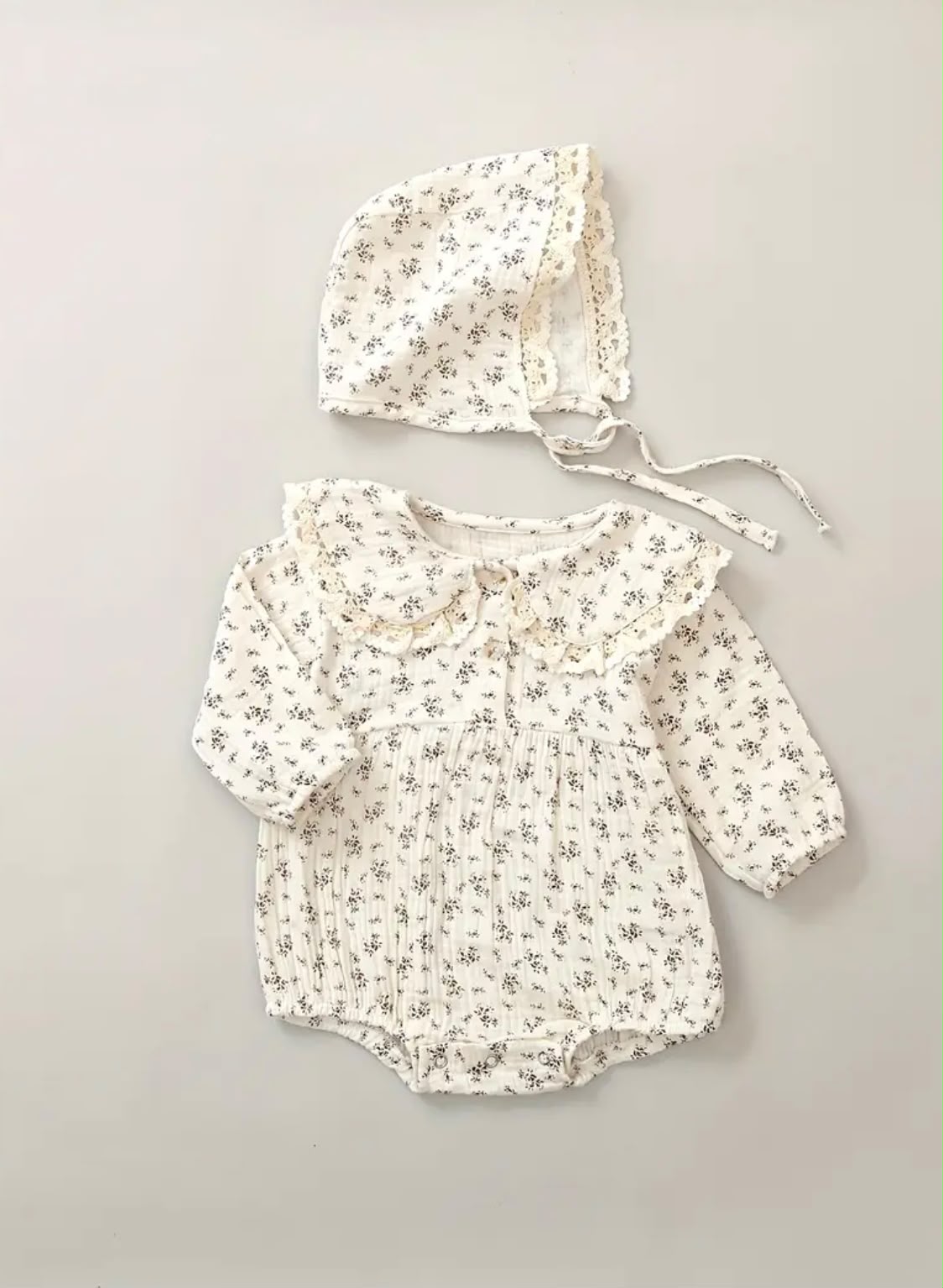 Vintage Floral Muslin Romper & Bonnet Set