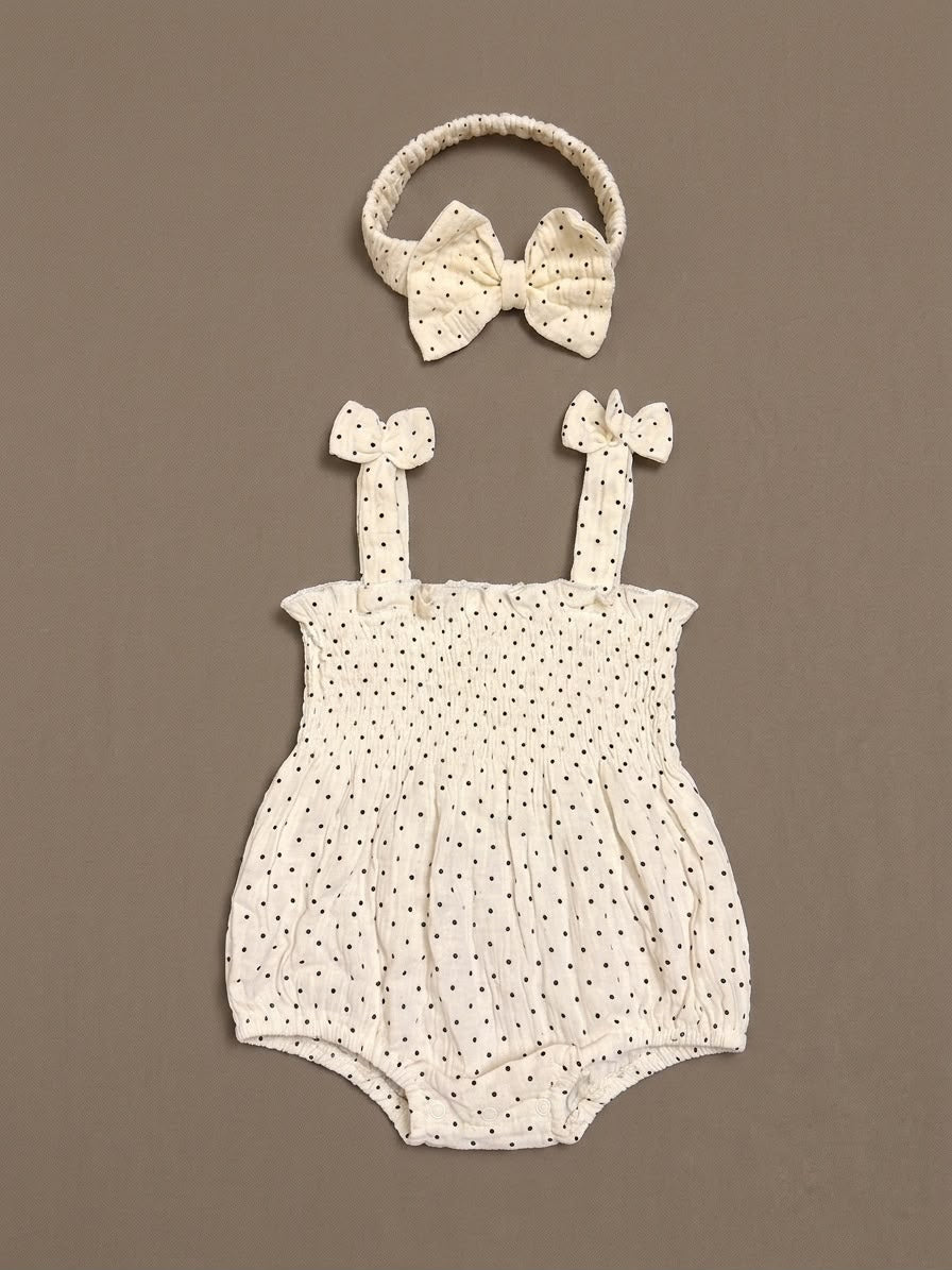 Cream Polka Dot Smocked Romper and Headband Set