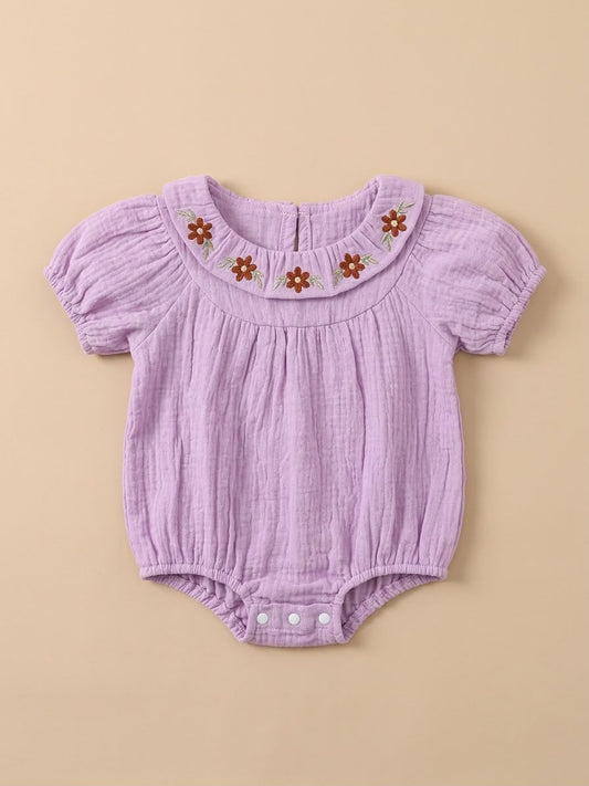 Lilac Muslin Floral-Embroidered Bubble Romper