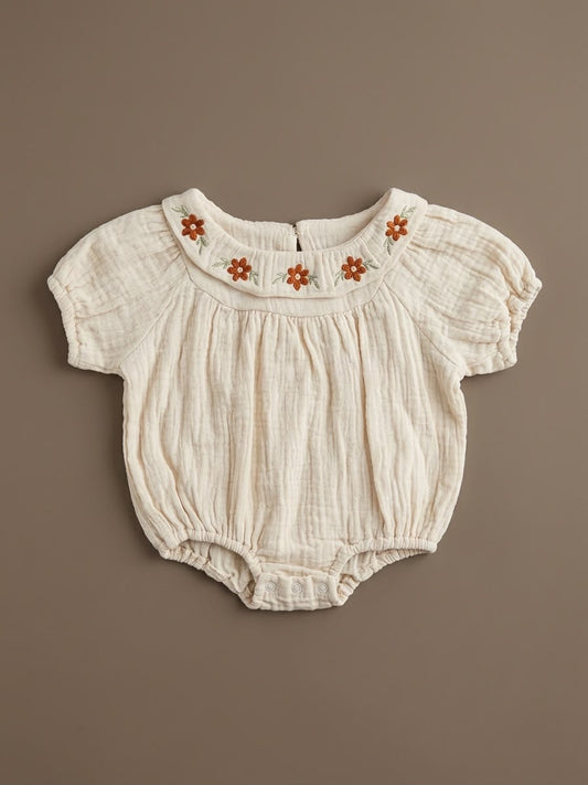 Beige Muslin Floral-Embroidered Bubble Romper