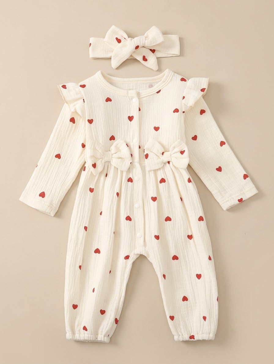 Heart Print Bow Romper Set