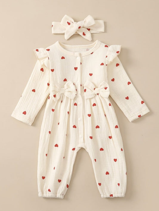 Heart Print Bow Romper Set