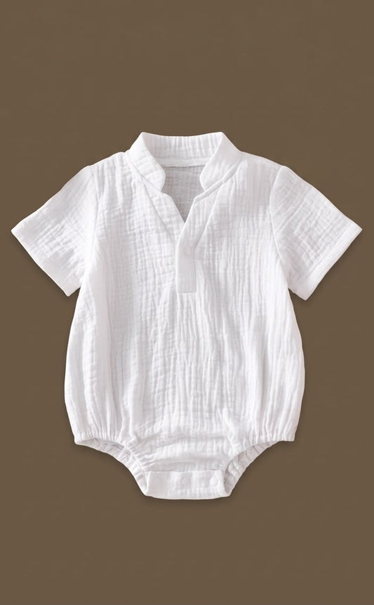 Classic White Mandarin Collar Bubble Romper