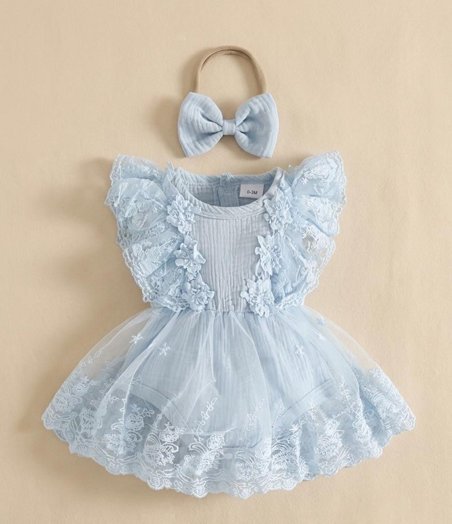 Celestial Blue Lace & Tulle Romper Dress Set