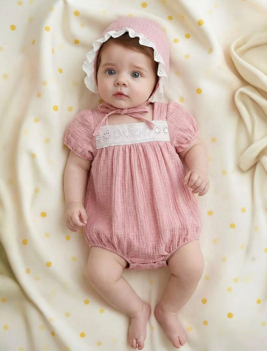 Vintage Lace Trim Muslin Romper & Bonnet Set