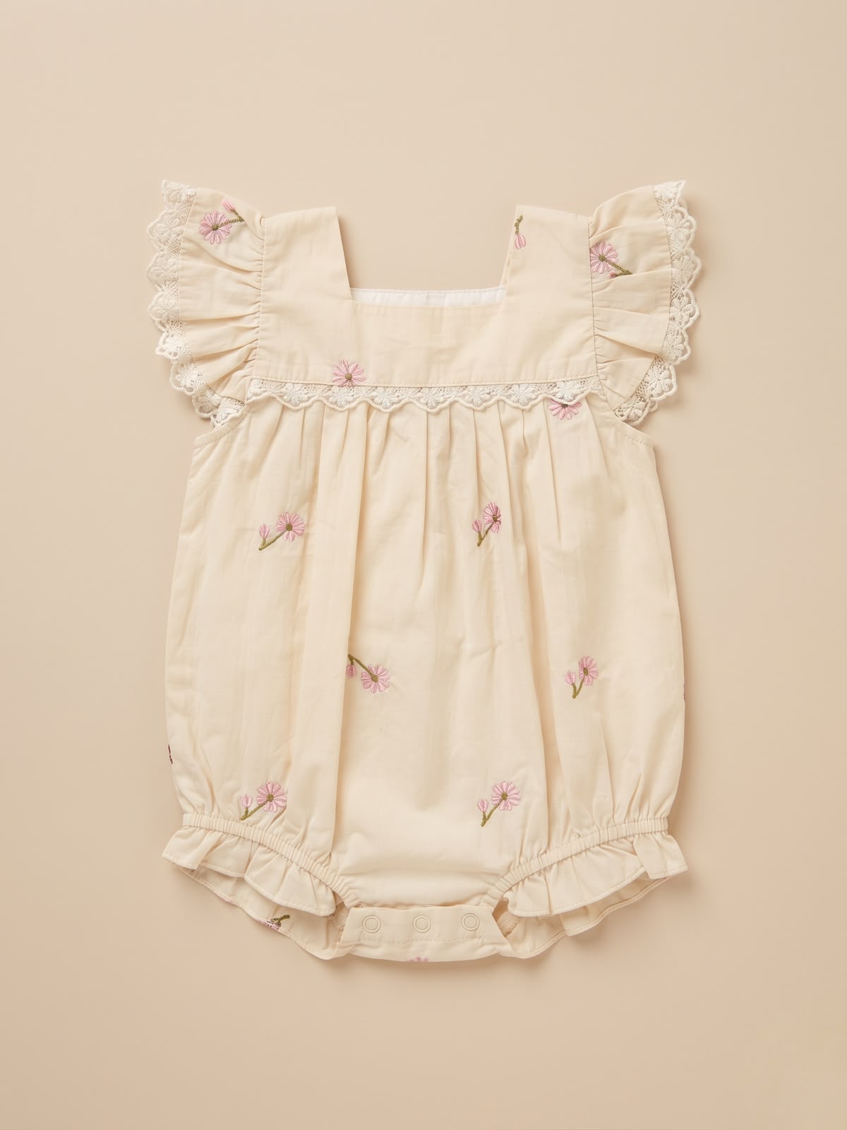 Warm Beige Embroidered Daisy Romper