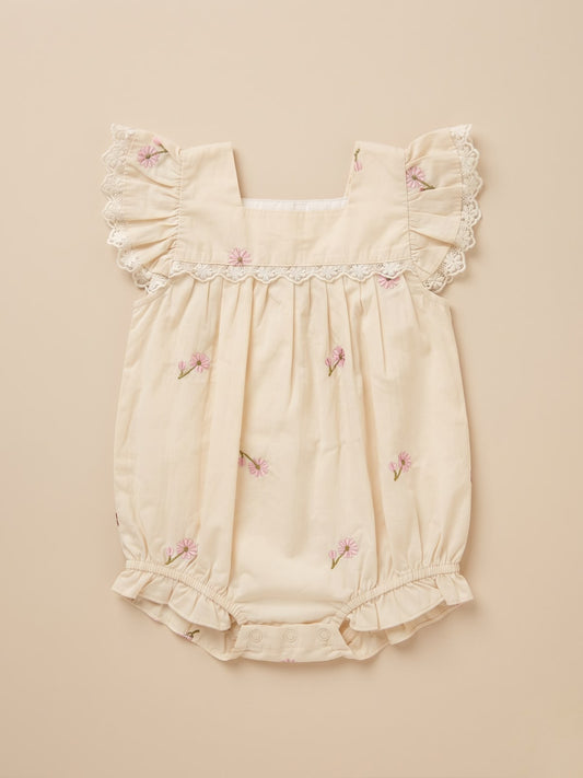 Warm Beige Embroidered Daisy Romper